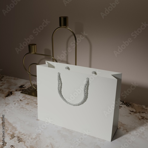 Realistic white shopping bag on gold candlestick and marble background, 3D rendering. Gift bag for branded company products with space for a logo, brand book on the bag. Brand package design concept.  photo