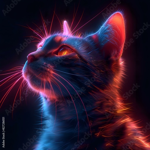 features a highly detailed, neon-lit cat profile, rendered in striking hues of blue, red, and pink