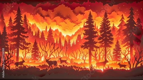 Paper cutout illustration of a forest fire with animals fleeing and trees burning, emphasizing ecological disruption.