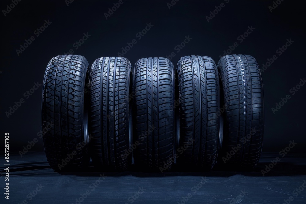 A row of four new tires against a black background, with soft lighting and a high-end feel. A row of four new tires against a black background, with soft lighting and a high-end feel.