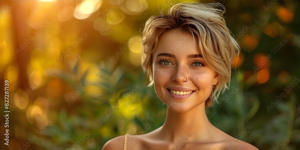 A Confident Young Woman with Short Blond Hair Positively Engaging with the Camera. Concept Fashion, Confidence, Short Blond Hair, Positivity, Engagement A Confident Young Woman with Short Blond Hair Positively Engaging with the Camera. Concept Fashion, Confidence, Short Blond Hair, Positivity, Engagement