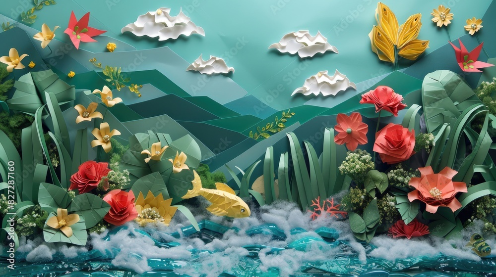 Vibrant paper-cut landscape featuring a flowing river surrounded by colorful flowers and plants, with mountains and clouds in the background. A golden fish leaps from the water. Vibrant paper-cut landscape featuring a flowing river surrounded by colorful flowers and plants, with mountains and clouds in the background. A golden fish leaps from the water.