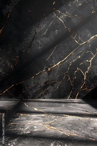 A black marble texture with golden veins, creating an elegant and luxurious feel for product display backgrounds