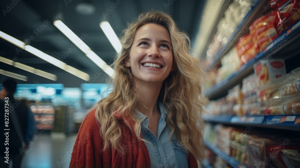 Young Woman Shopping for Groceries in Supermarket Aisle