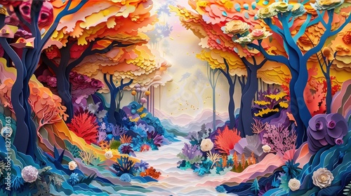 Vibrant and surreal paper-cut forest scene with trees in shades of orange, blue, and pink. The forest floor is adorned with colorful plants and flowers, creating a whimsical and enchanting atmosphere.