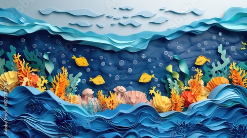 An oceanic paper cutout illustration of plastic waste floating and marine life getting entangled.