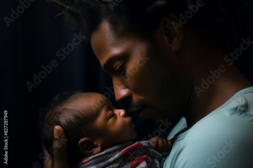 black father kissing forehead of newborn son
