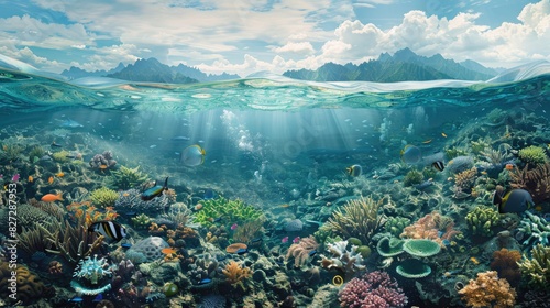 Artwork of an underwater scene with a healthy coral reef and sea creatures, contrasted with a polluted area with plastic waste. photo