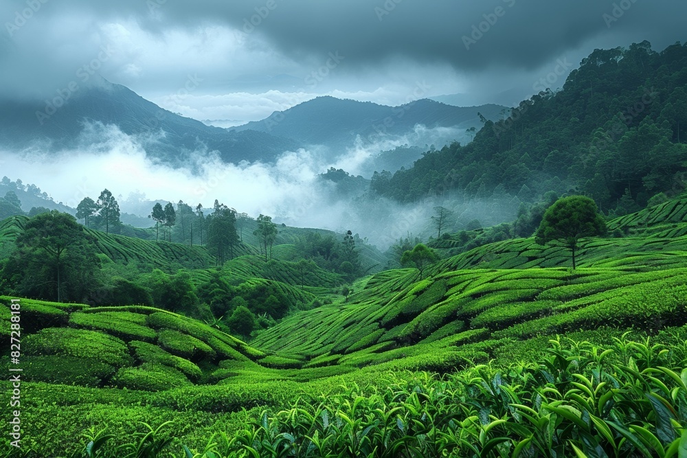 Misty morning over a lush, green tea plantation in a tropical valley, surrounded by hills and forests.