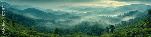 In misty rural scenery, hills, valleys, and lush plantations are blanketed in morning fog. photo