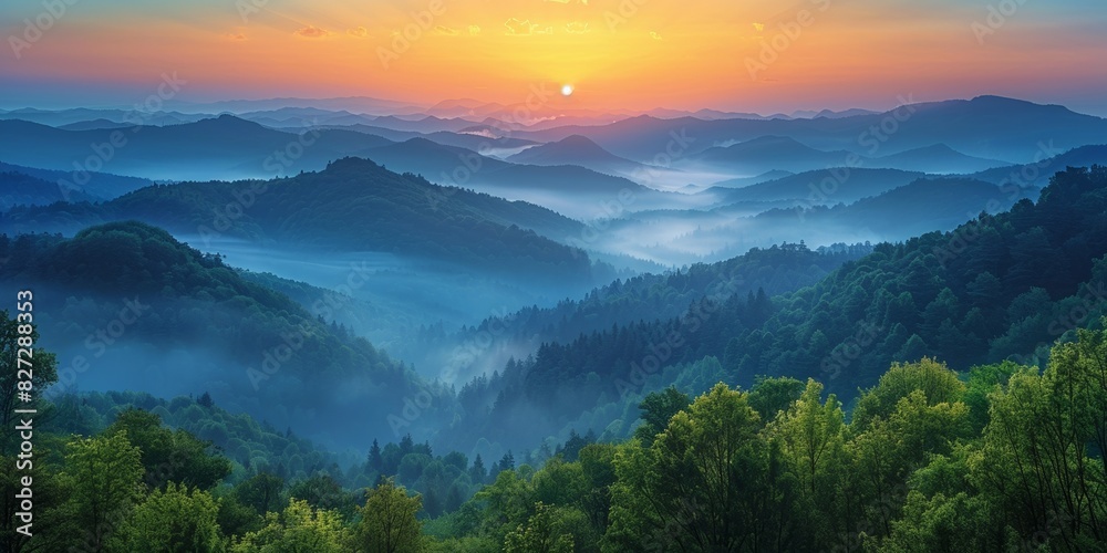 Obraz premium Majestic sunrise over misty mountains, mysterious woodland, and scenic valley under autumn sky.