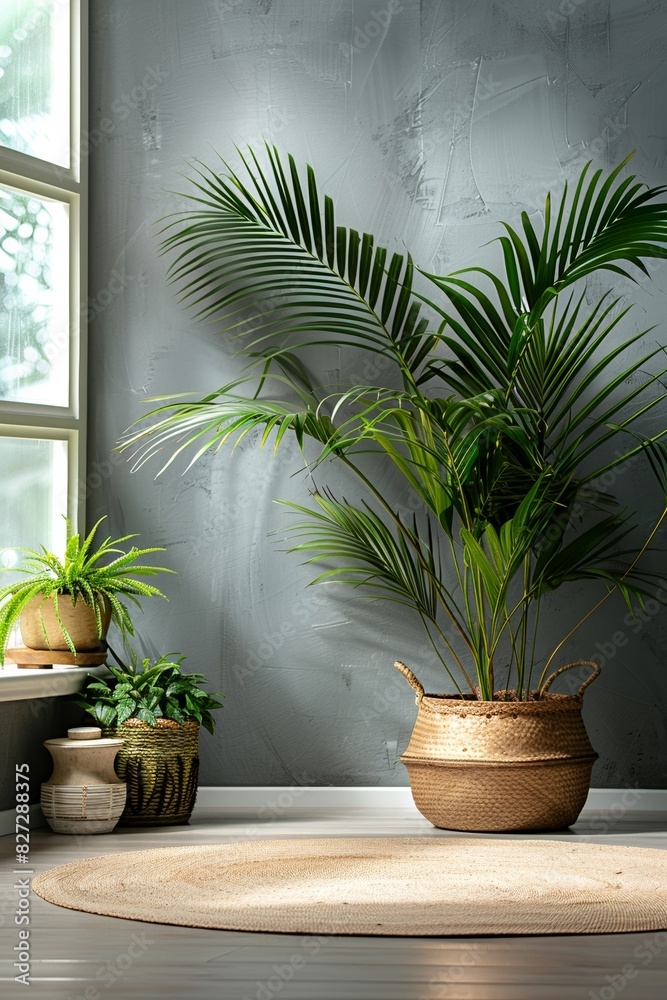 A single potted palm, lush with foliage, adds elegance to the interior decor.