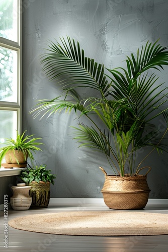 A single potted palm, lush with foliage, adds elegance to the interior decor. © Andrii Zastrozhnov