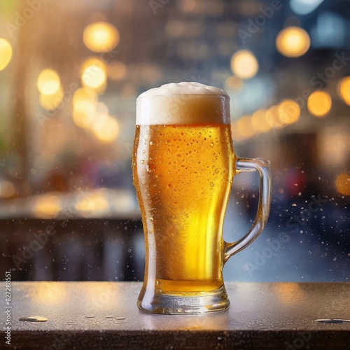 Fresh cold beer in a glass with condensation, empty space for your bottle, bar interior background.