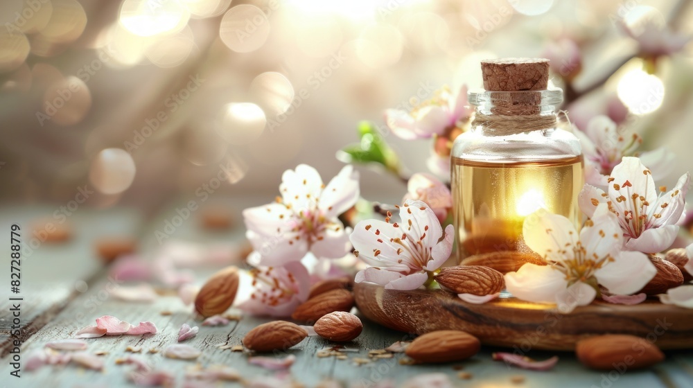 Almond Oil and Blossoms with Almonds on Rustic Wooden Table Almond Oil and Blossoms with Almonds on Rustic Wooden Table