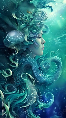 Woman swimming with jellyfish in her hair, flower crown, and octopus tentacles