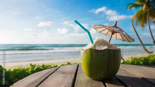 Close up of green young coconut drink  with umbrella deciration on wooden table, relaxing waves of the beach on background and copy space area. photo