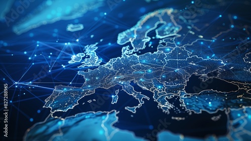 Digital map of Europe with glowing connections and global network concept. A large closeup view of the European Union. A map highlighting different countries on an isolated dark blue background.