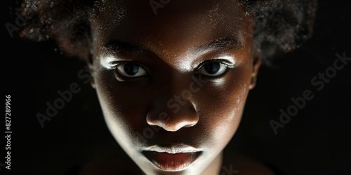 Close-up portrait of a young woman with intense lighting  highlighting facial features and texture. Black people portrait. 