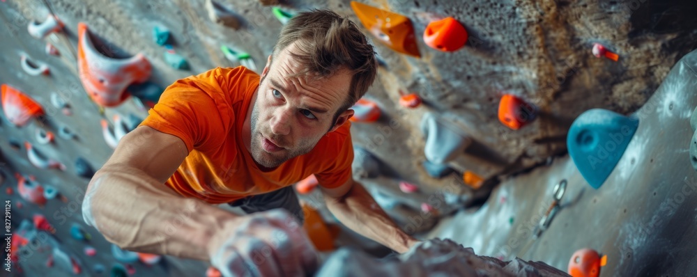 Obraz premium Indoor climbing, sport. A man in an orange shirt rock climbing indoors, focused and gripping a climbing hold