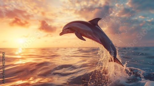 Graceful dolphin leaping out of the ocean, creating a splash with crystal clear water and a vibrant sunset in the background