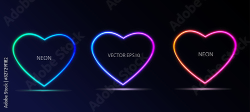 Set of illuminate frame design. Abstract cosmic vibrant color heart backdrop. Collection of glowing neon lighting 