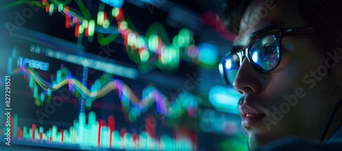 Business analysis background with man looking chart of stock option and trading. Close-up of a man analyzing stock market data on multiple screens  with colorful reflections on his glasses