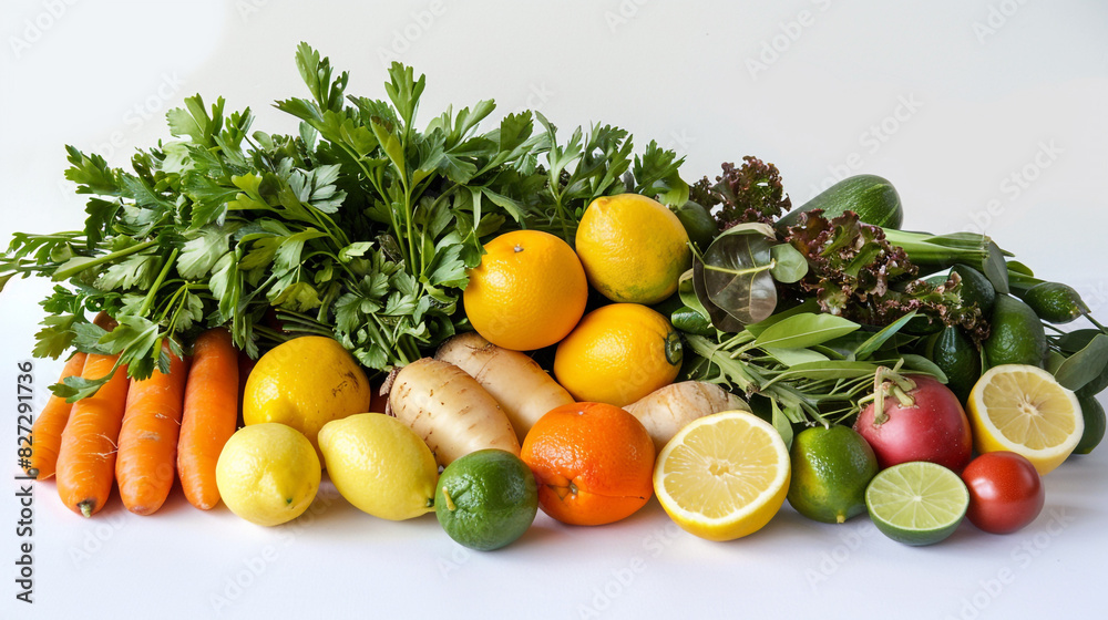 A wide-angle capture showcasing the diversity of citrus fruits, including lemons, limes, and oranges, complemented by an array of fresh vegetables, all arranged against a pristine white background. A wide-angle capture showcasing the diversity of citrus fruits, including lemons, limes, and oranges, complemented by an array of fresh vegetables, all arranged against a pristine white background.