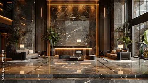 Hotel lobby with a mix of materials like wood  metal  and stone  realistic interior design