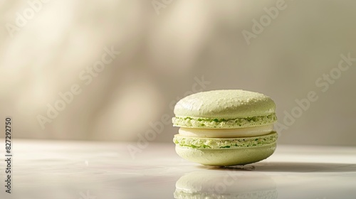 A single green macaron with a creamy filling on a white marble surface, indicating delicacy and a sweet treat