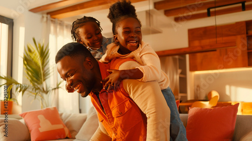 A man is carrying two children on his shoulders in a living room photo