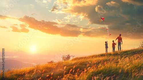A family of three flying a kite on a hillside during sunset