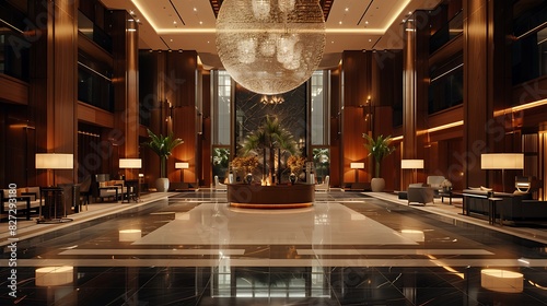 Hotel lobby featuring a large, statement chandelier or pendant light, realistic interior design photo