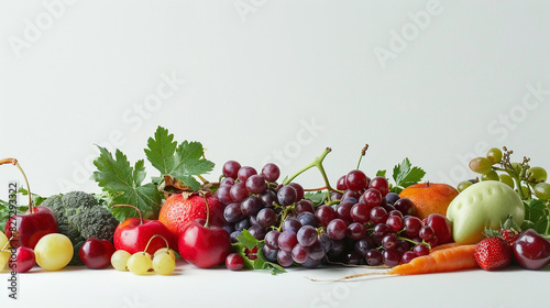 An HD image capturing the succulent juiciness of ripe grapes, berries, and cherries, nestled amongst a selection of colorful vegetables, all set against a seamless white surface.