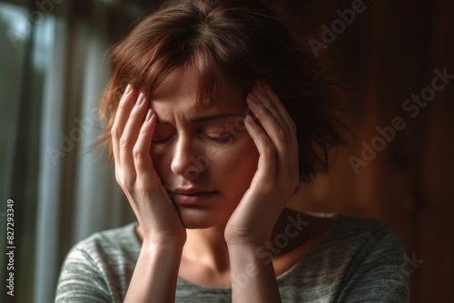 Close-up shot of a woman suffering from a headache and rubbing her temples at home
