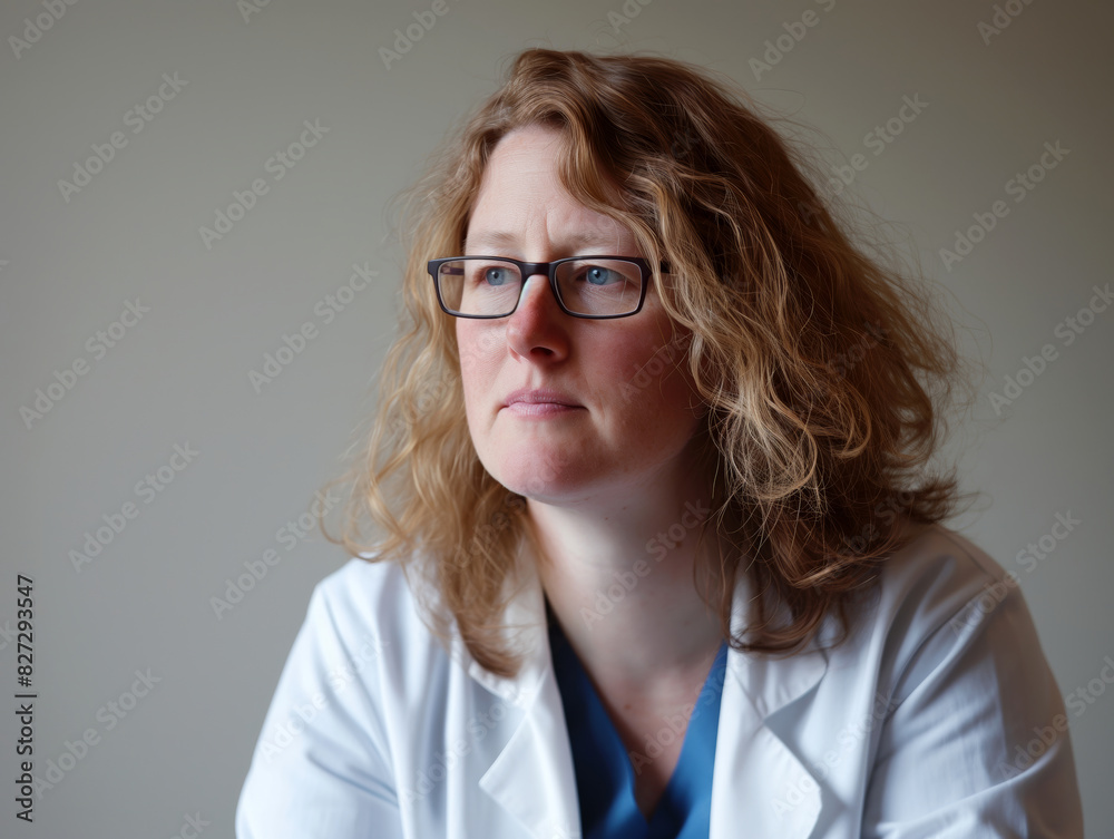 Thoughtful Female Doctor with Glasses in a Medical Office Thoughtful Female Doctor with Glasses in a Medical Office