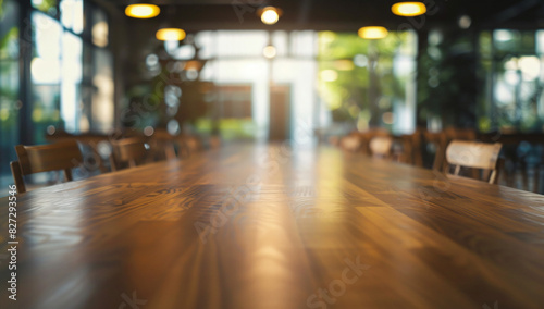 Blurred conference room with a long wooden table