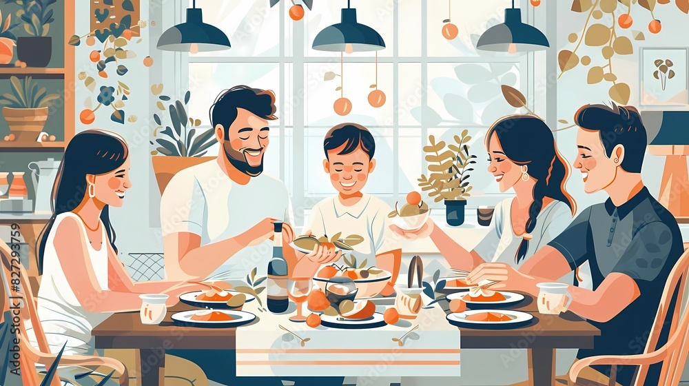 Design a flat style scene of a family dinner after a productive workday Design a flat style scene of a family dinner after a productive workday