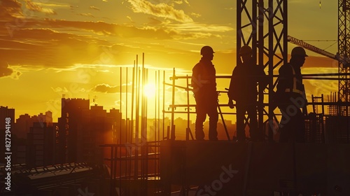 Construction Team at Sunset: Building Foundations