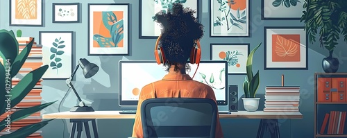 Design a flat style scene of a person listening to music while working