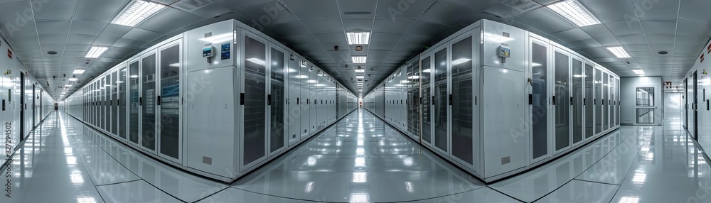 A long, mirrored hallway with rows of white server cabinets on both sides. A long, mirrored hallway with rows of white server cabinets on both sides.