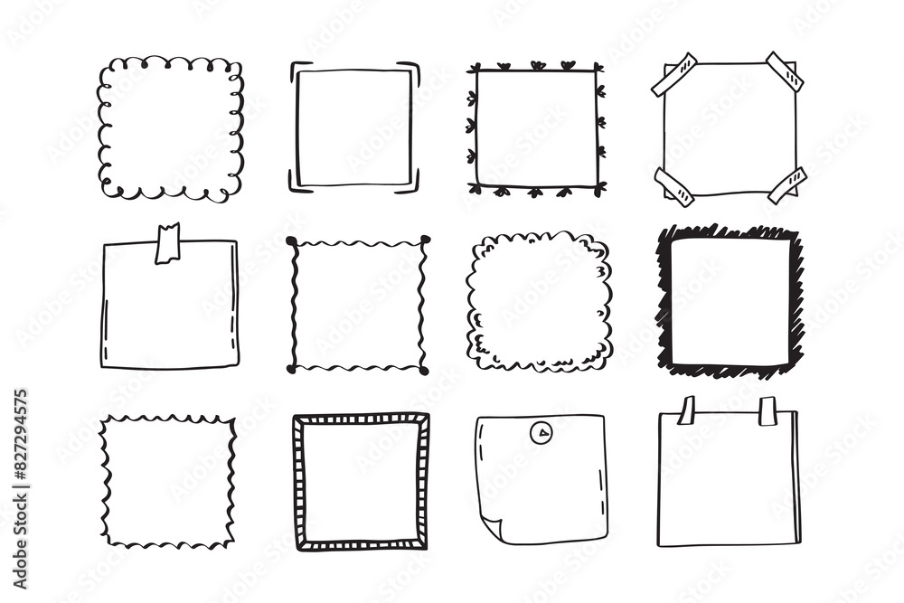 Handdrawn set of square scribbles frame. Doodle line empty frames