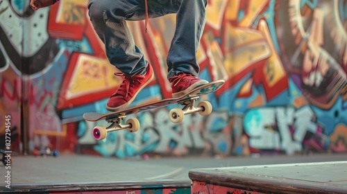 A skateboarder performing tricks in an urban setting with graffiti walls. photo