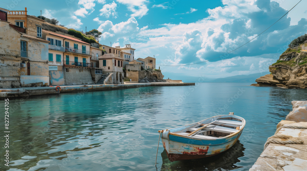Fototapeta premium Photo of a small fishing boat in a Sea Port of an old Mediterranean town, shot at noon in the summertime.