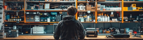 Auto parts store clerk manually counting items and crossreferencing with their digital inventory database photo