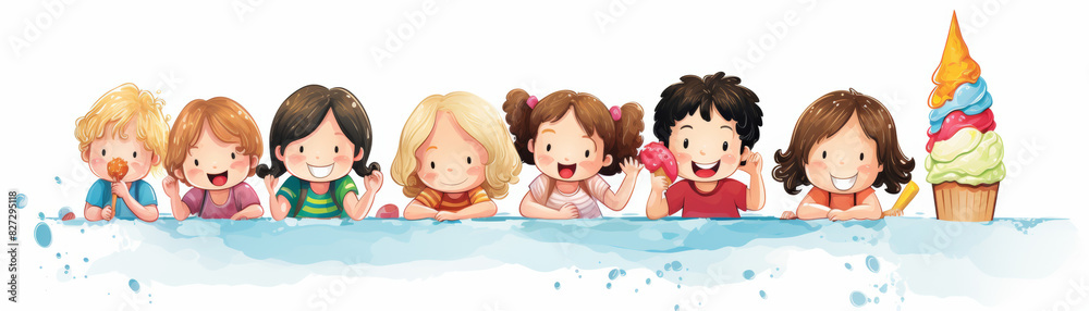 Children with ice cream sundaes, excited and happy faces, outdoor picnic setting, vibrant toppings, playful and sweet, togetherness and fun, isolated white background, copy space Children with ice cream sundaes, excited and happy faces, outdoor picnic setting, vibrant toppings, playful and sweet, togetherness and fun, isolated white background, copy space