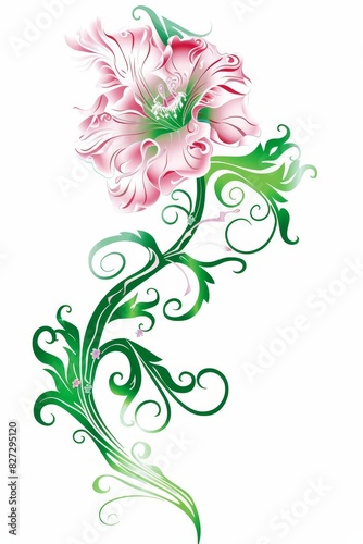 Pink Flower With Green Leaves on a White Background