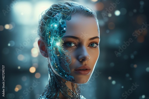 Concept image of an AI wearing a digitized human face photo
