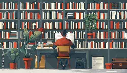 Create a flat design of a person working from a library or quiet study space photo