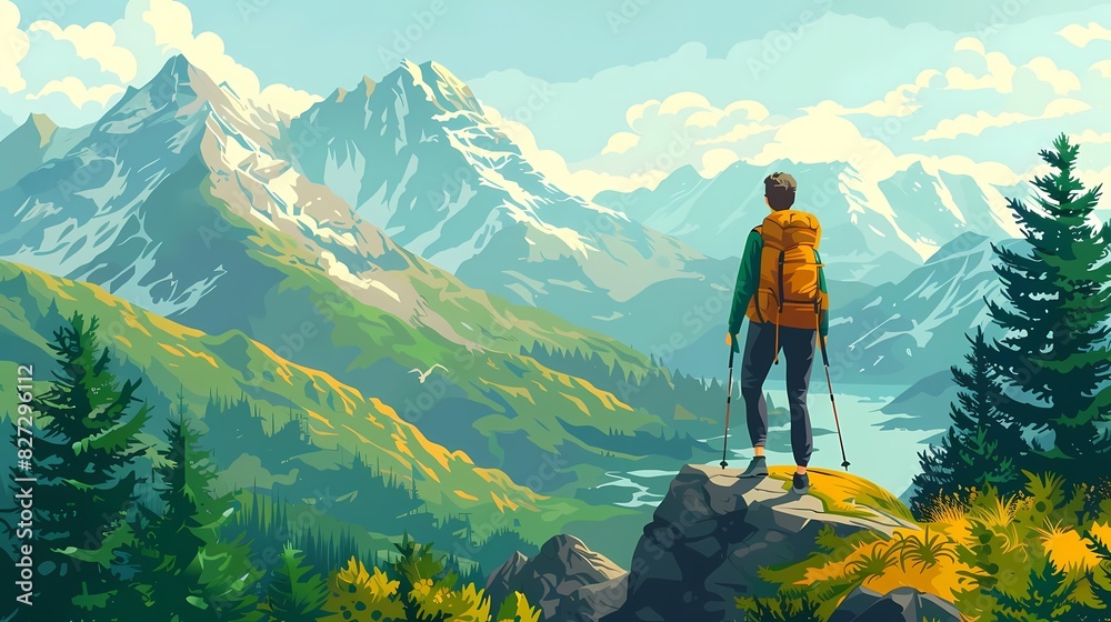 Create a flat design of a person enjoying a weekend hike in the mountains Create a flat design of a person enjoying a weekend hike in the mountains